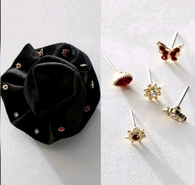 Free People Black Rosette Stud Earrings Set. Brooch Pin Velvet Boho Flower. NWT