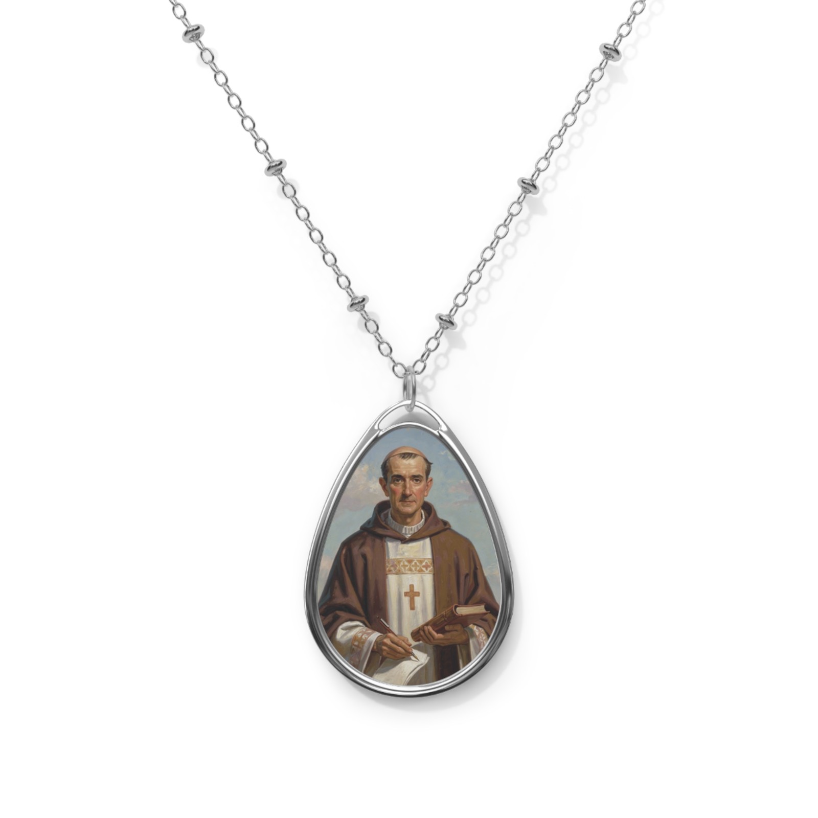 Saint Isidore, Oval Pendant Necklace, Christian Gift