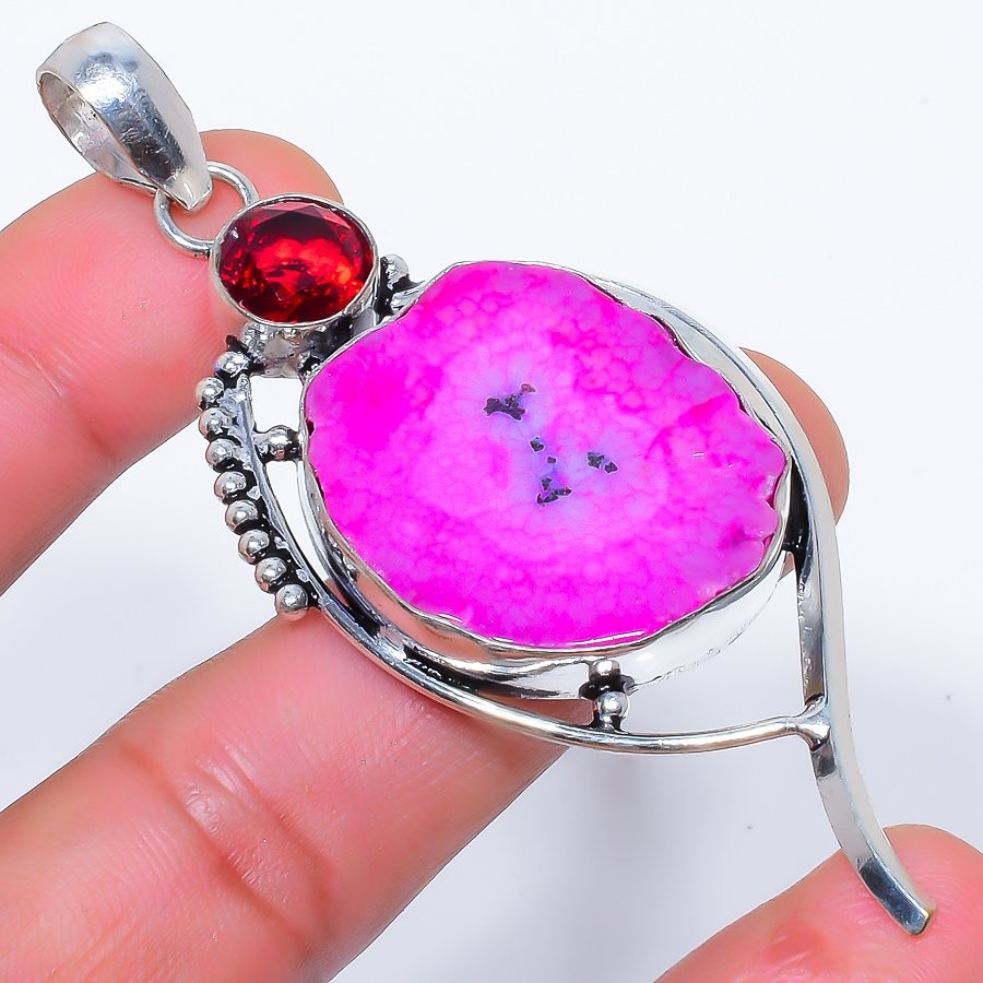 Natural Pink Solar Quartz Drusy & Garnet 925 Silver Plated Pendant 3.2″F2547