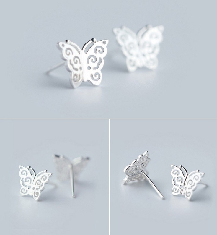 8x9mm sterling silver Stud earrings 3D Hollow Butterfly Birthday gift Box K21A