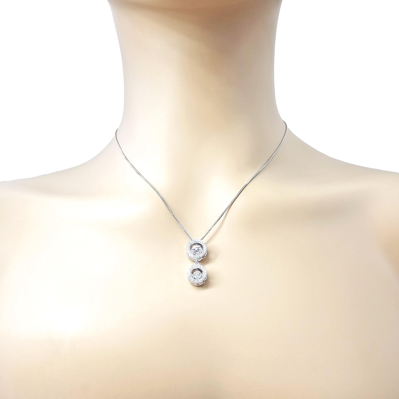 Round Double Halo Dancing Stone CZ Necklace in 925 Sterling Silver & Zirconia