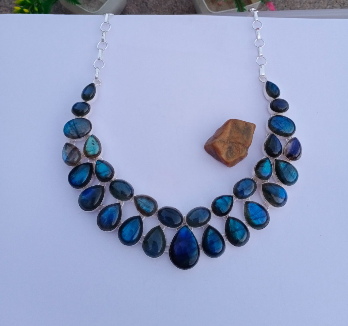 Natural Labradorite Gemstone Necklace 925 Sterling silver Handmade Jewelry