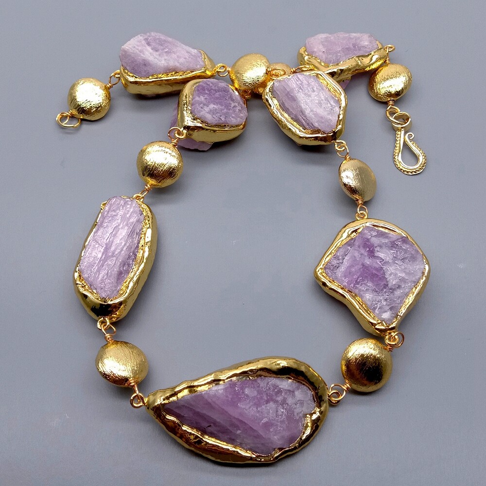 20″ Natural Pink Kunzite Rough Raw Gold Plated Edge Brushed Bead Necklace
