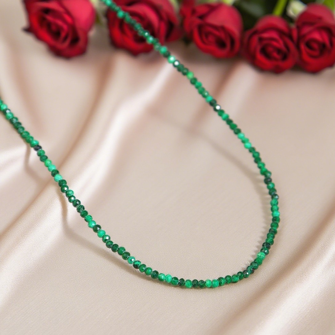 Dainty Malachite Faceted Bead Choker Necklace – 2mm Healing Reiki Boho Jewelry