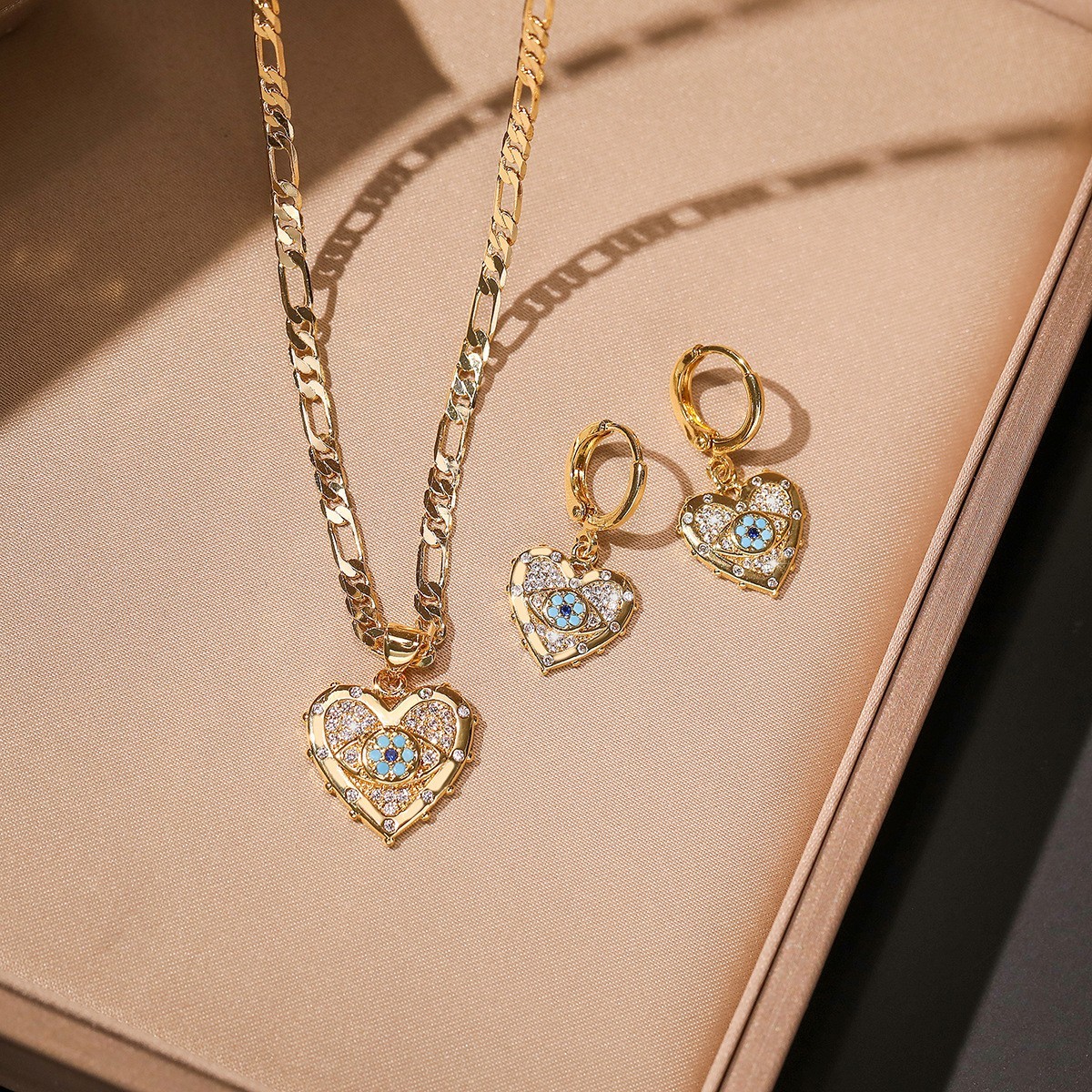 18K Gold Plated Evil Eye Heart Pendant Necklace Huggie Earrings Jewelry Set