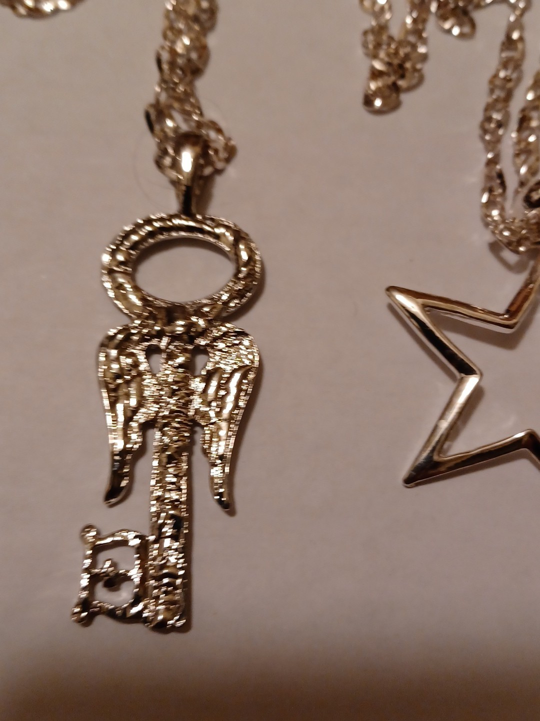 Fashion necklace, Silvertone, Star-Wings/key, Qty 2