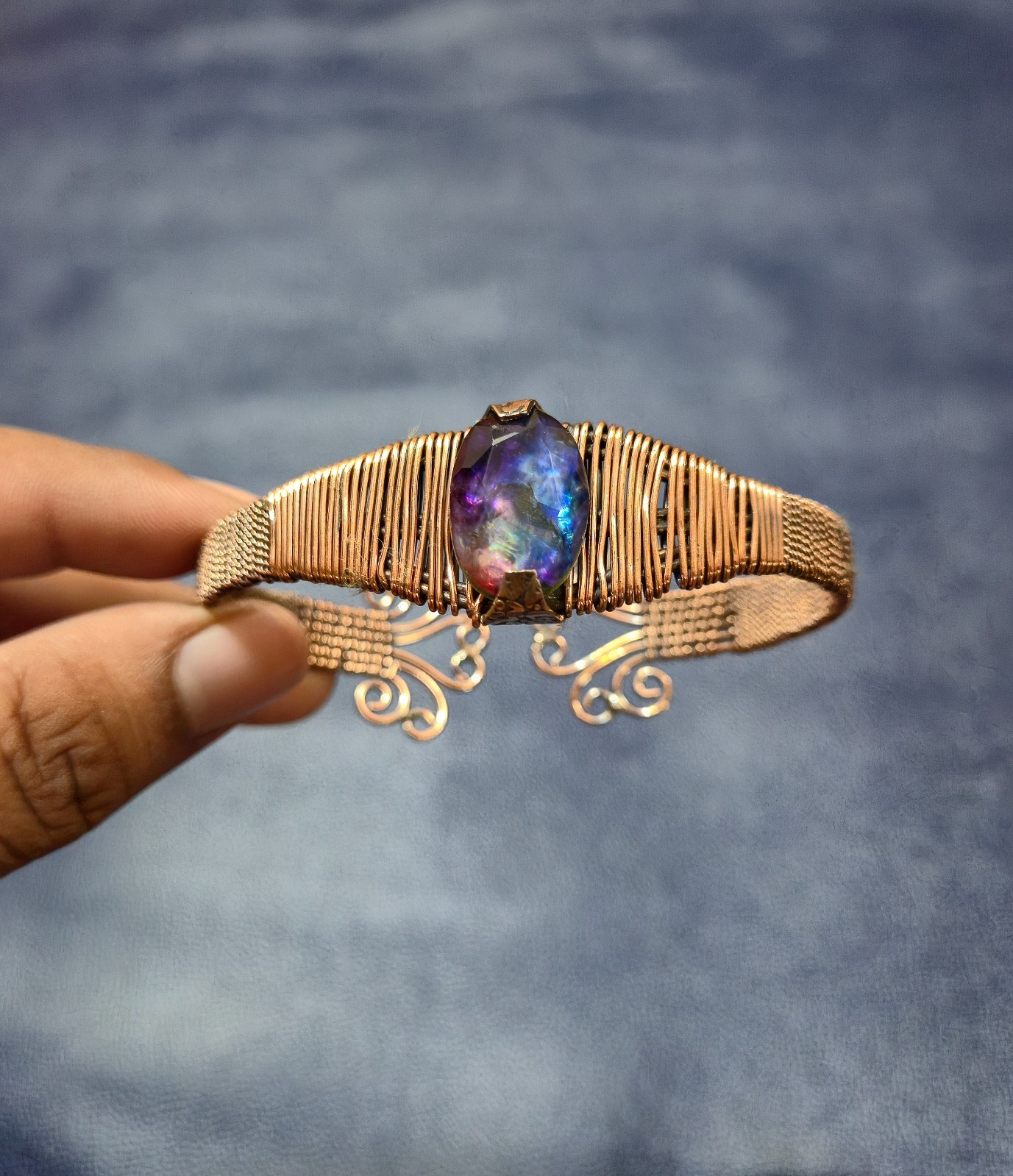 Fire Ammolite Bangle Copper Wire Wrapped Cuff Bracelet Adjustable Bangle
