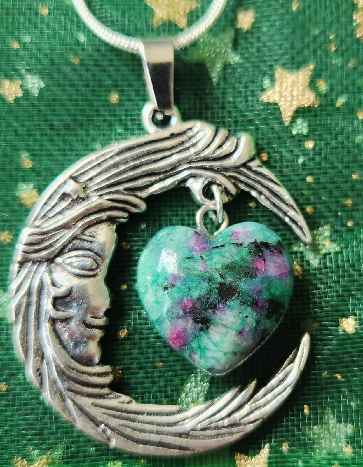 Crescent Moon With Zoisite Heart Gemstone 925 Silver Snake Chain Necklace