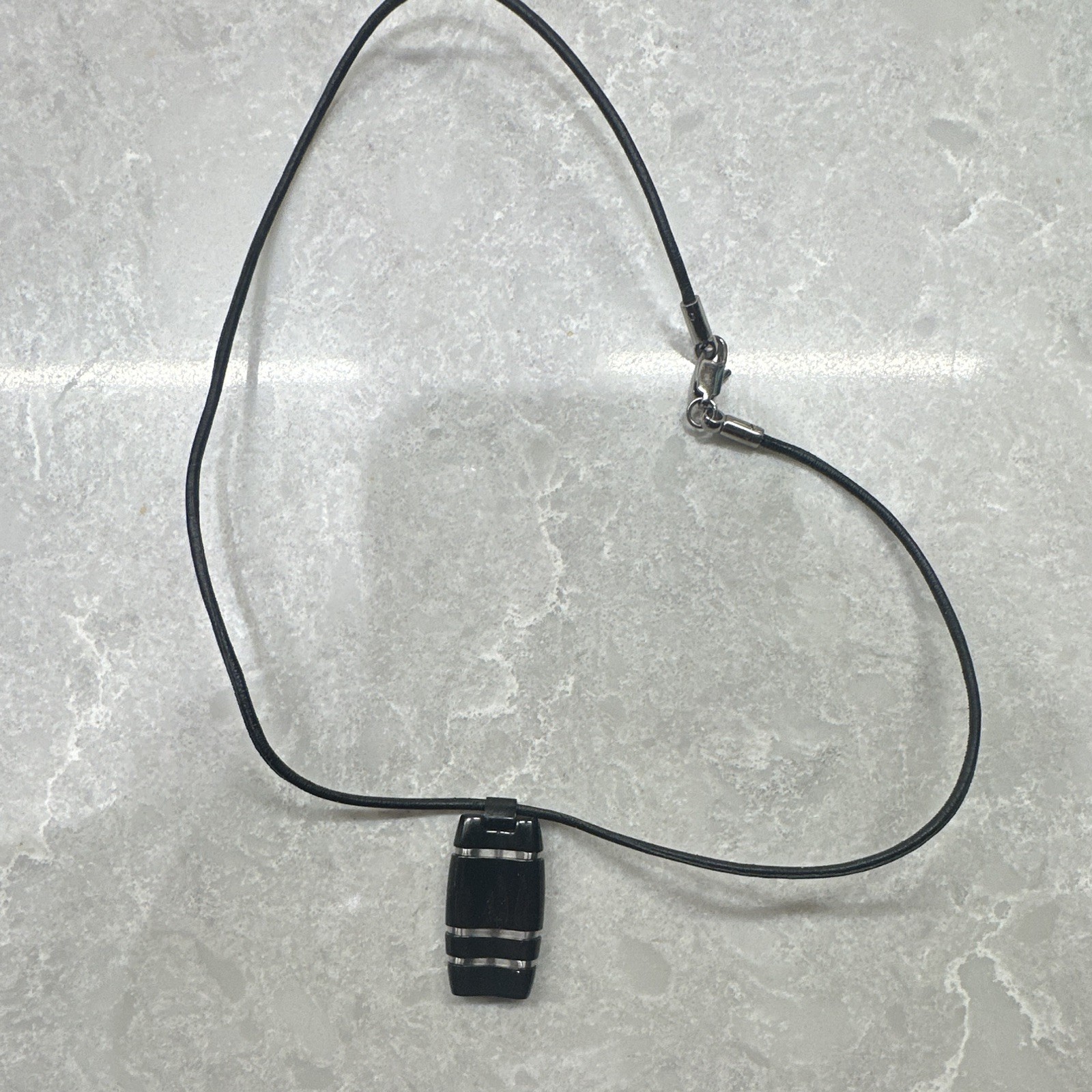 Lotus Black Leather Cord Necklace, Silver Rectangle Charm Pendant, Lobster Clasp
