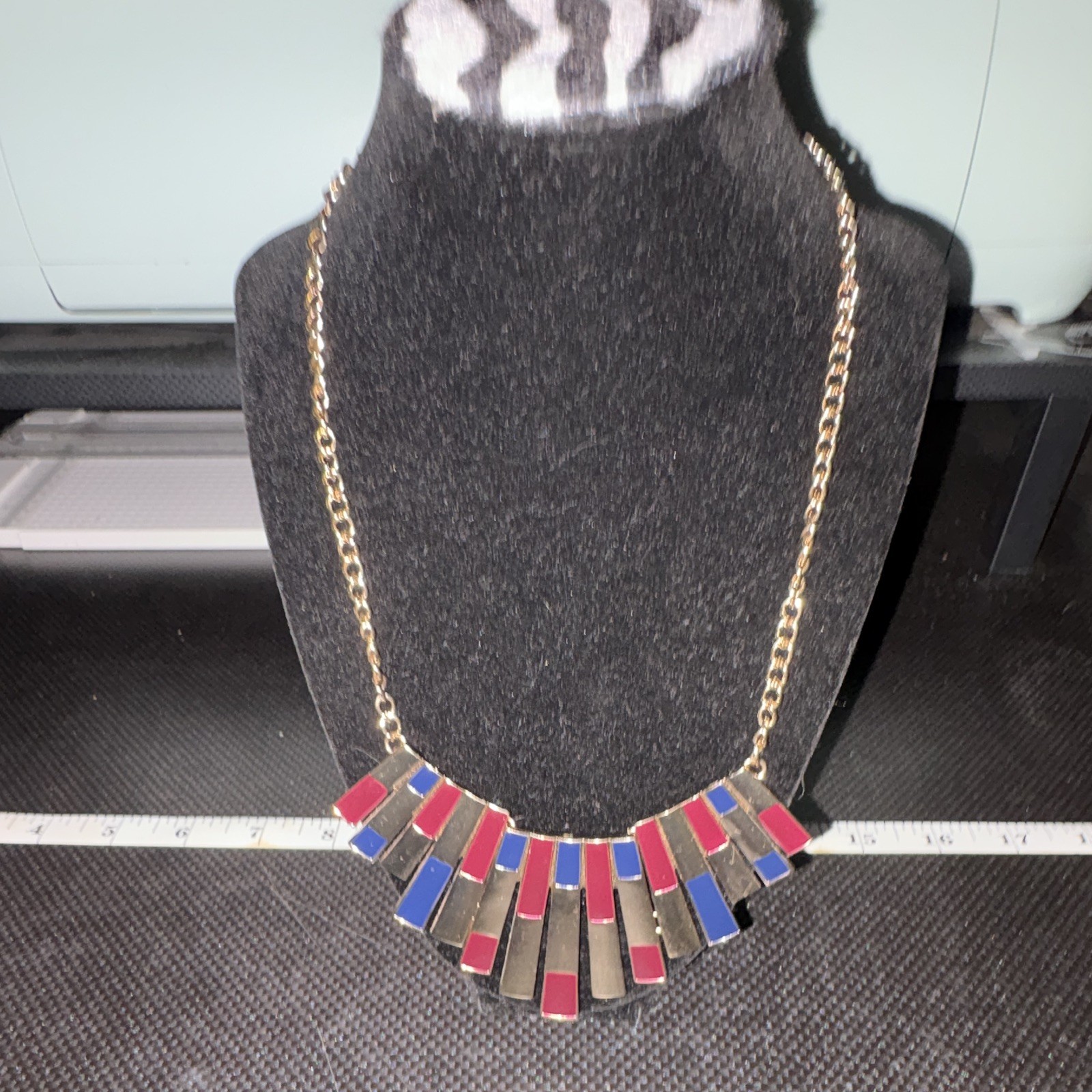 Gold Tone Red Blue Enamel Bib Statement Necklace Fan Fringe Pendant 19in