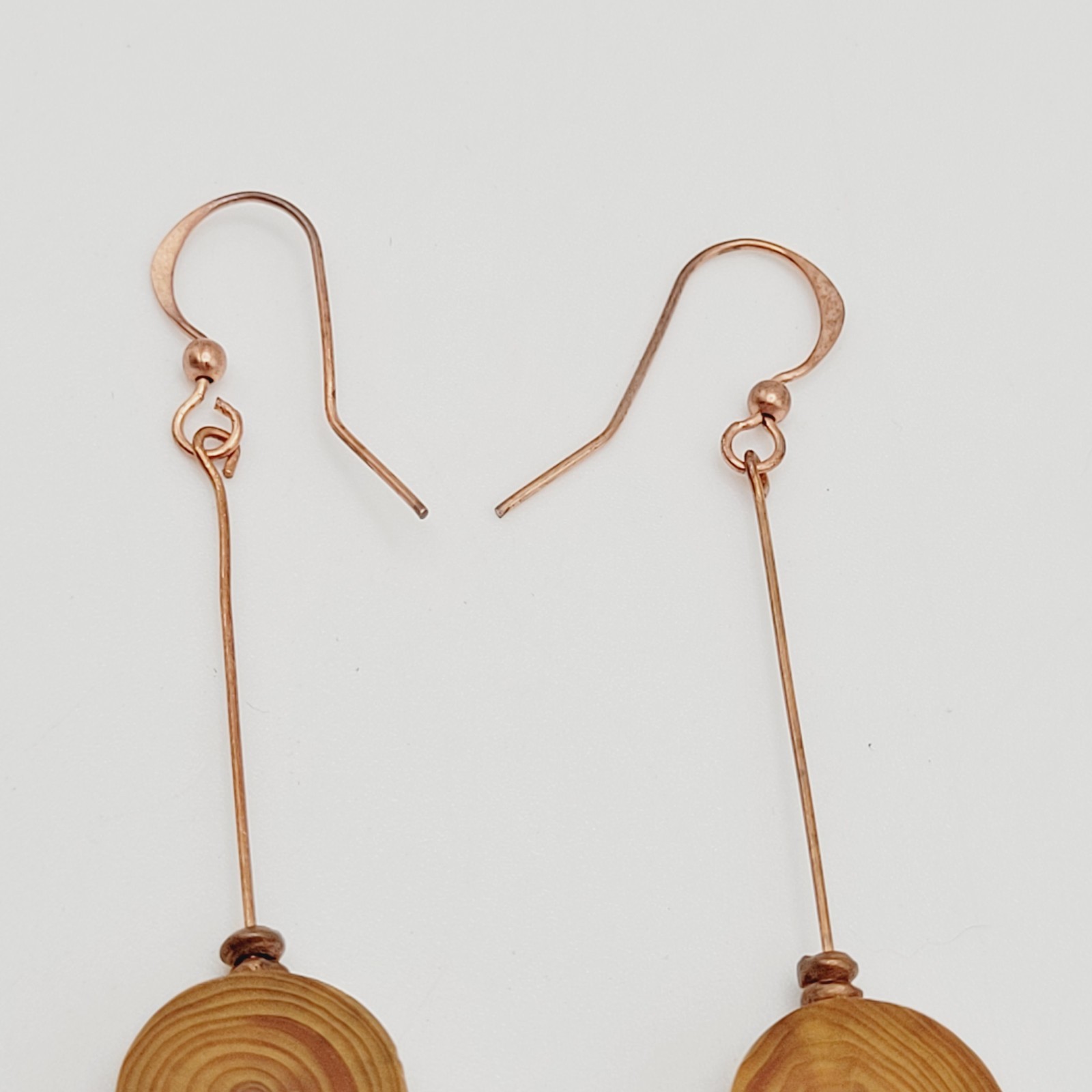 Artisan Handcrafted Round Wood Slice Drop Earrings Long Copper Wire Tree Ring