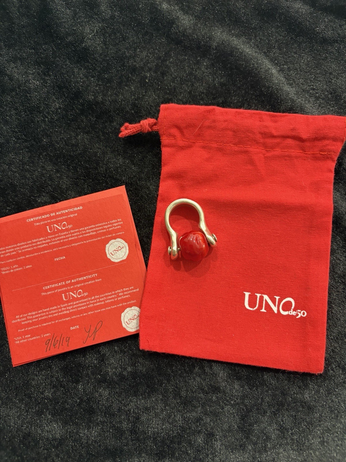 UNOde50 Red Statement Ring Silver Tone Sculptural Bead Ring size 7 with Pouch