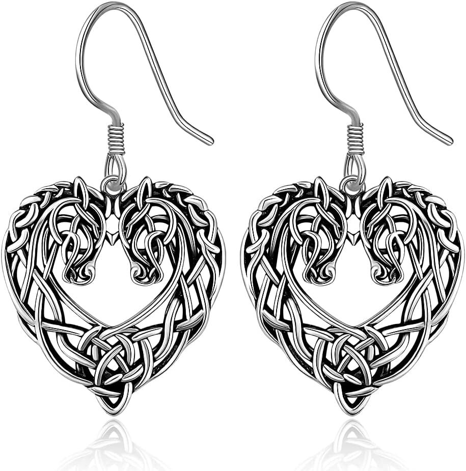 Celtic Knot Heart Horse Necklace Earrings Set Sterling Silver Gifts for Women