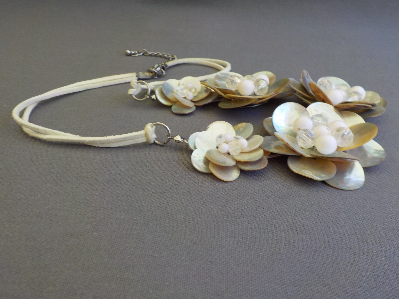 Flower Shell Necklace Bead Plastic Cord Metal Layered Petals Floral Handmade