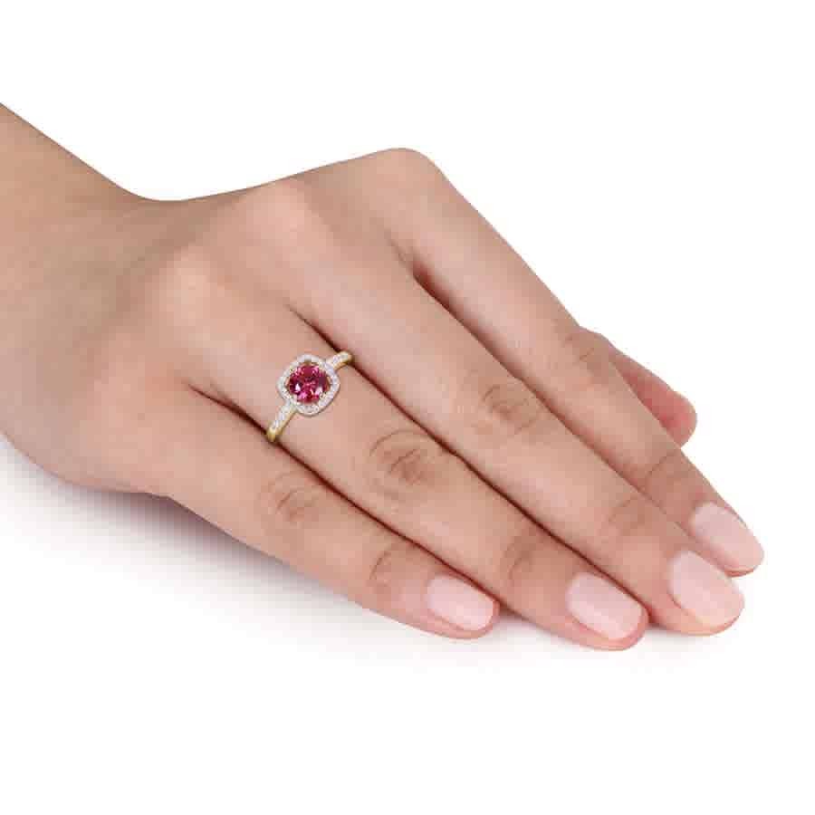 AMOUR 1 CT TGW Created Ruby and 1/7 CT TW Diamond Halo Ring In 10K Yellow Gold
