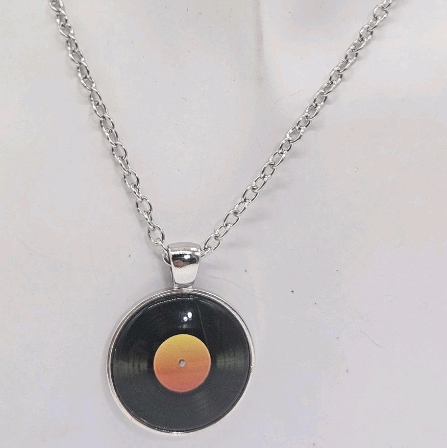 Music Record Pendant Necklace – Music Themed Jewelry – Silver Tone Disc & Chain