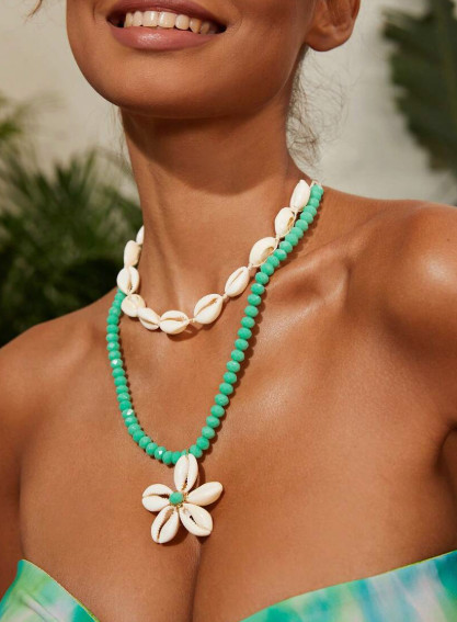 Sea Shell Double Layer Hawaiian Necklace Cowrie Choker Handmade Crystal Glass