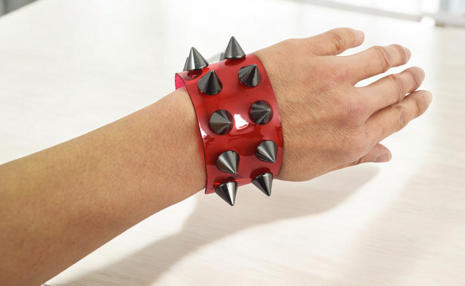 Red Clear Vinyl Wide Spiked Bracelet , Gunmetal Cone Spikes, Adjustable, Unisex