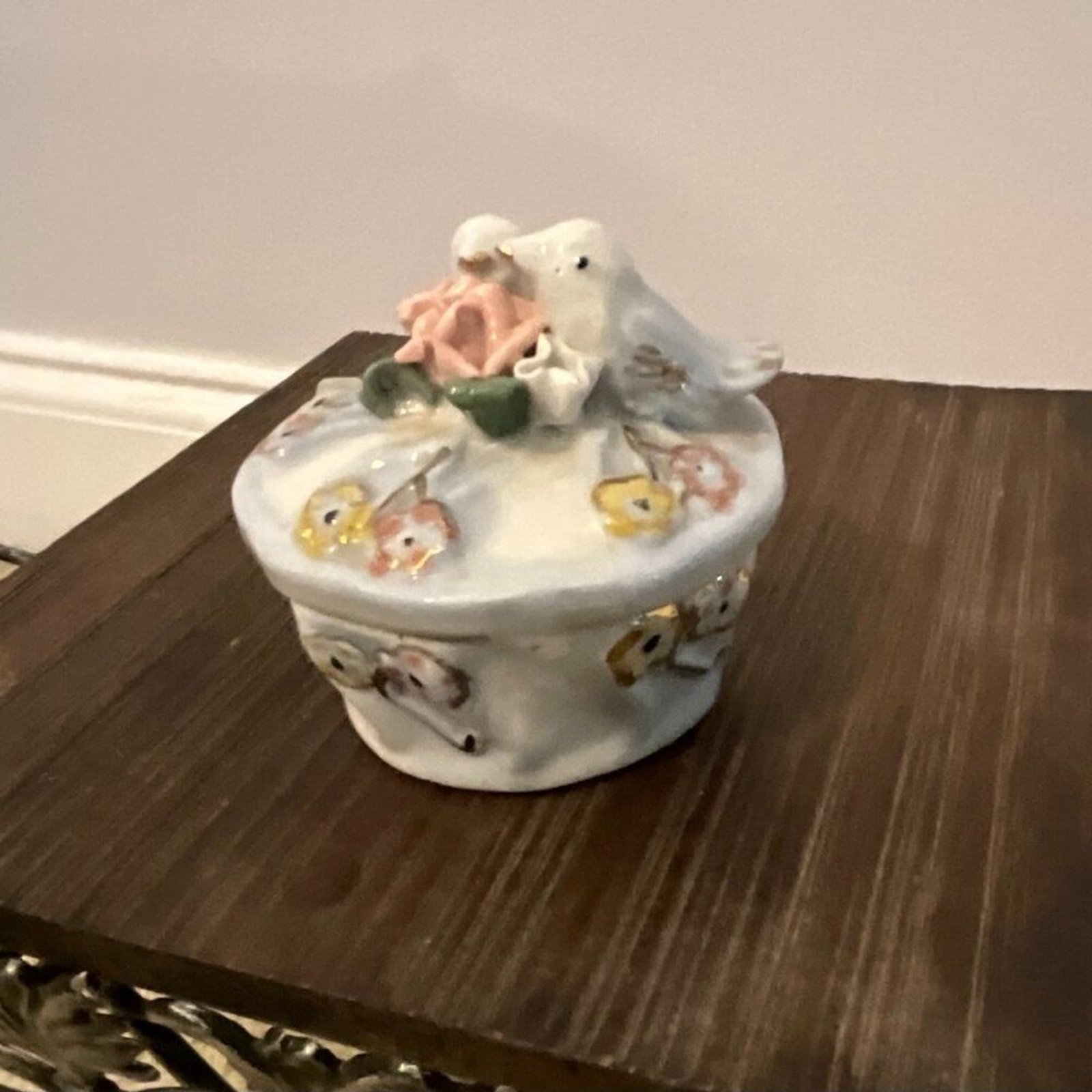 Vintage Ceramic Trinket Box with Lovebirds & Flowers