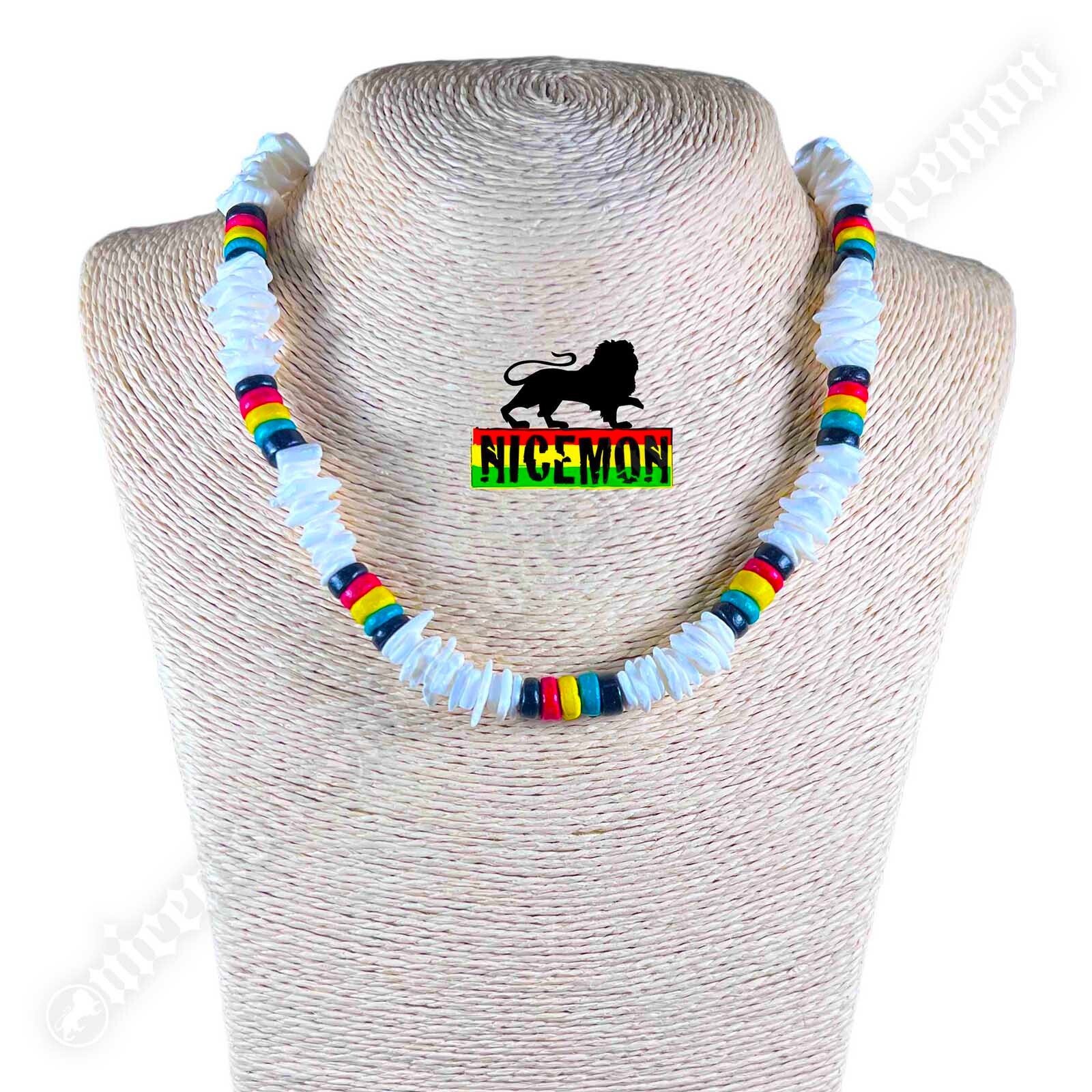 Puka Shell Necklace Rasta Colors Choker Screw Clasp Hawaii Jamaica 18″/46 cm