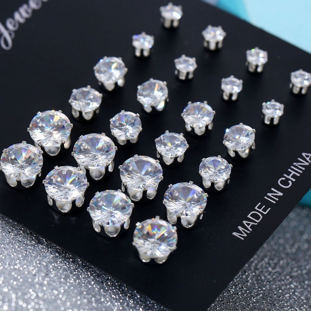 12 Pairs Round Six Prong Zircon Stud Earrings Silver Alloy for Work Events
