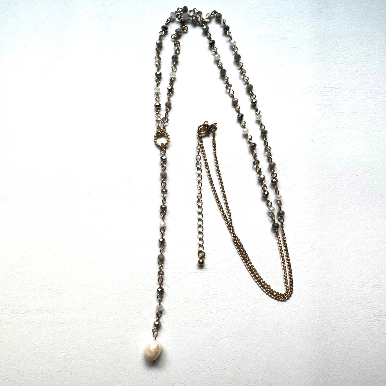 Boho Gold Tone Beaded Y Necklace Gray Crystal Rosary Chain Pearl Drop Lariat
