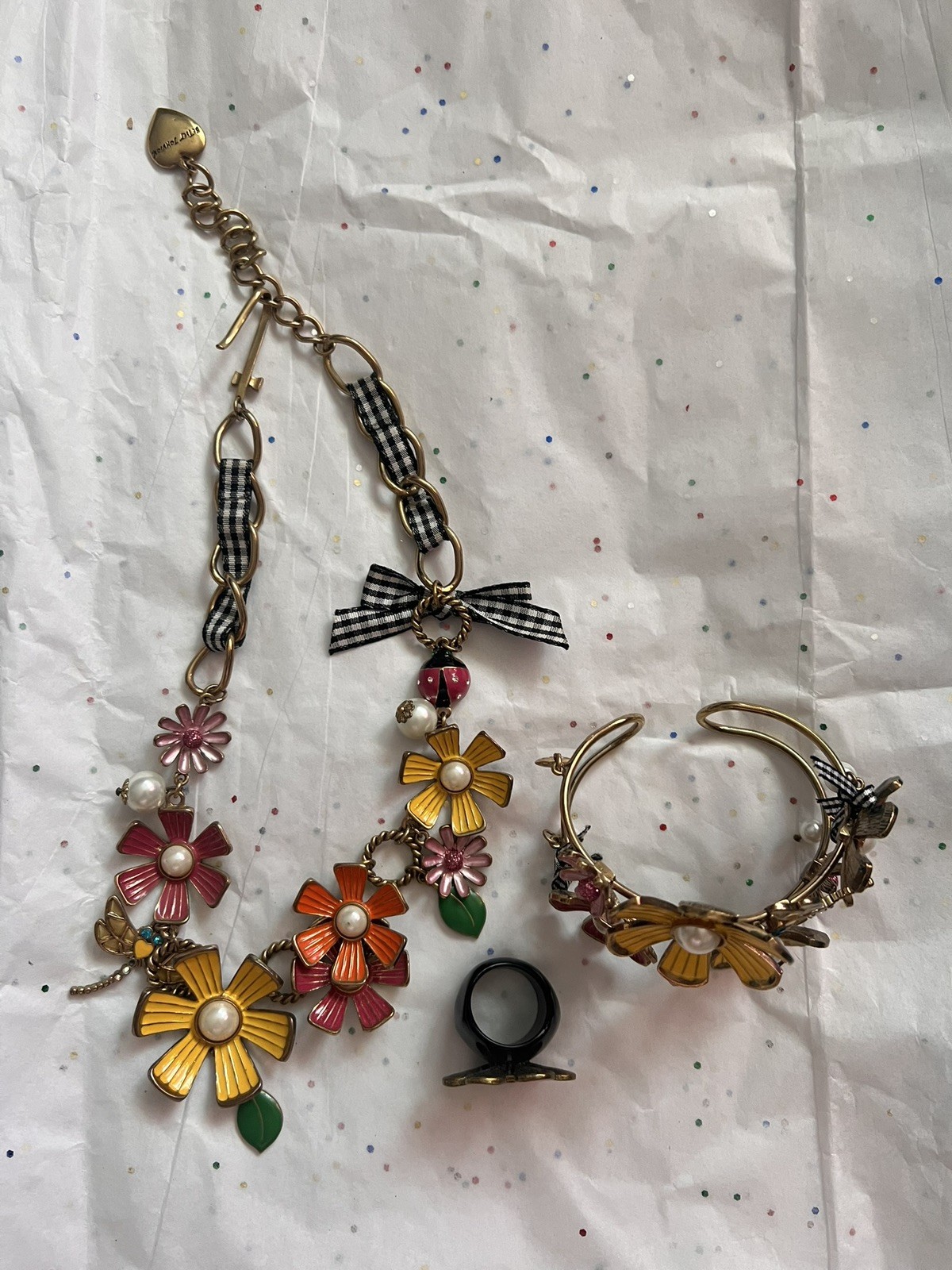 Betsey Johnson Picnic Flower Garden Necklace ring cuff bracelet set of 3