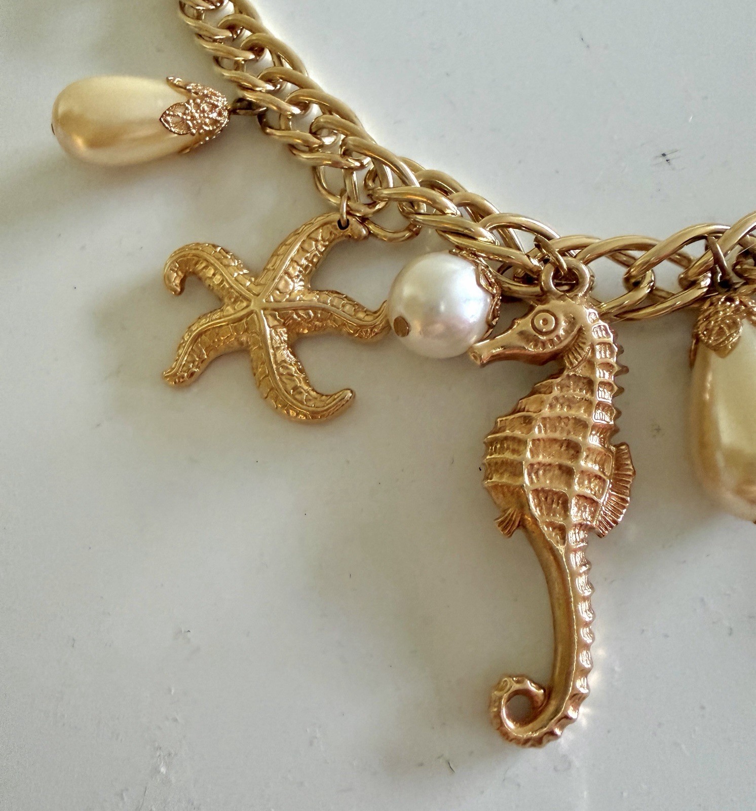 Lovely Beach Sea Life Necklace With Starfish, Sea Horses and Faux Pearls, 16”
