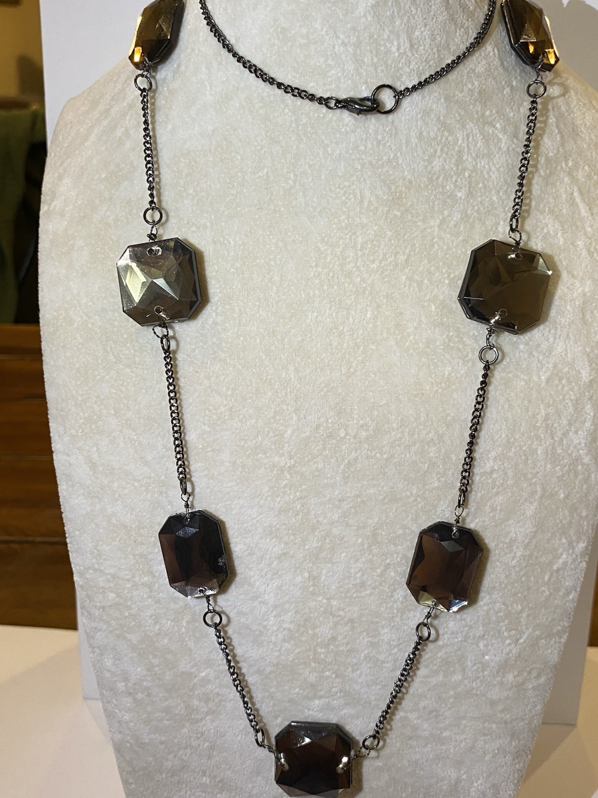 Long Station Necklace Dark Gunmetal Tone Chain Square Smoky Acrylic Beads 36in
