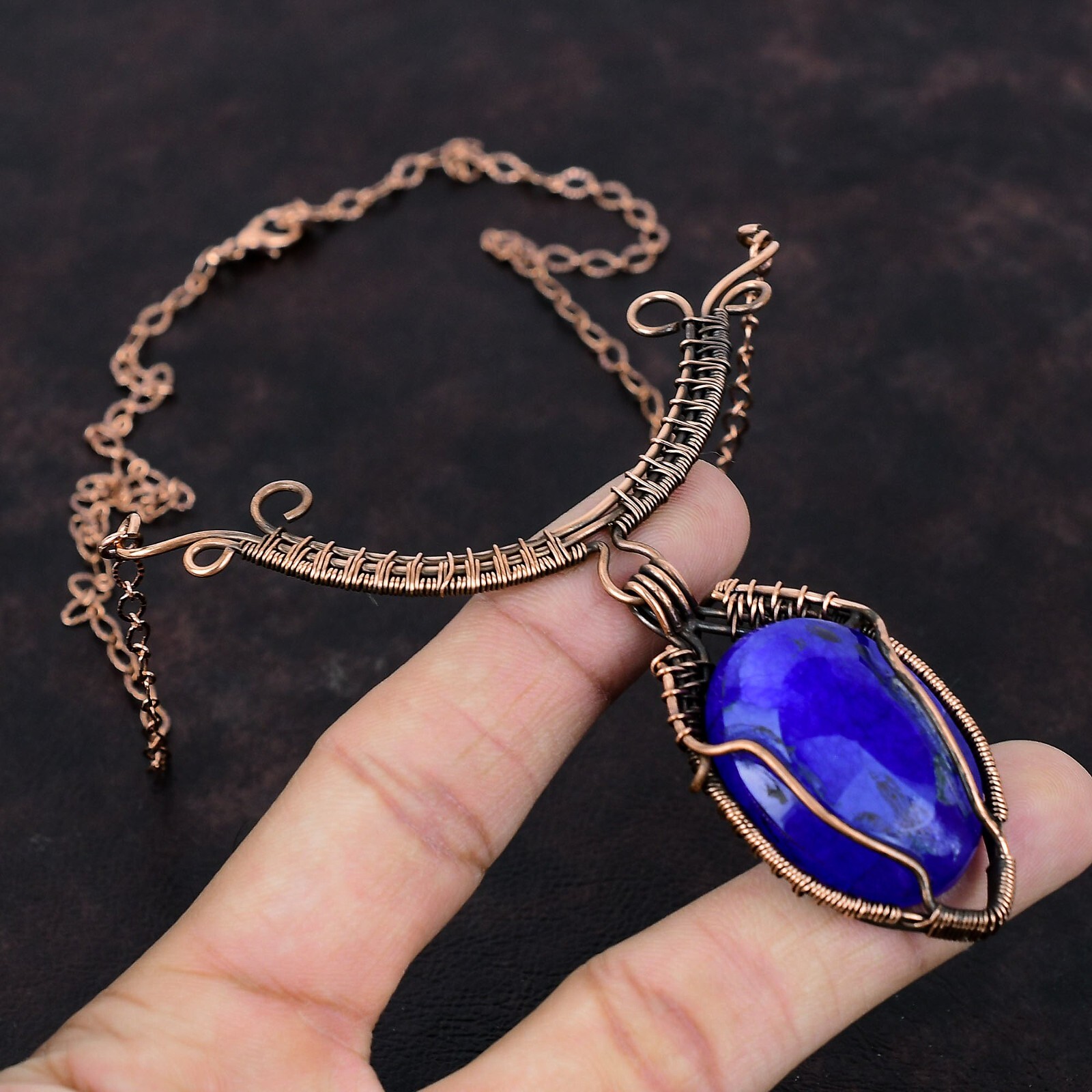 Blue Saphire Wire Wrapped Necklace Adjustable Handcrafted Copper Holiday 18.0″