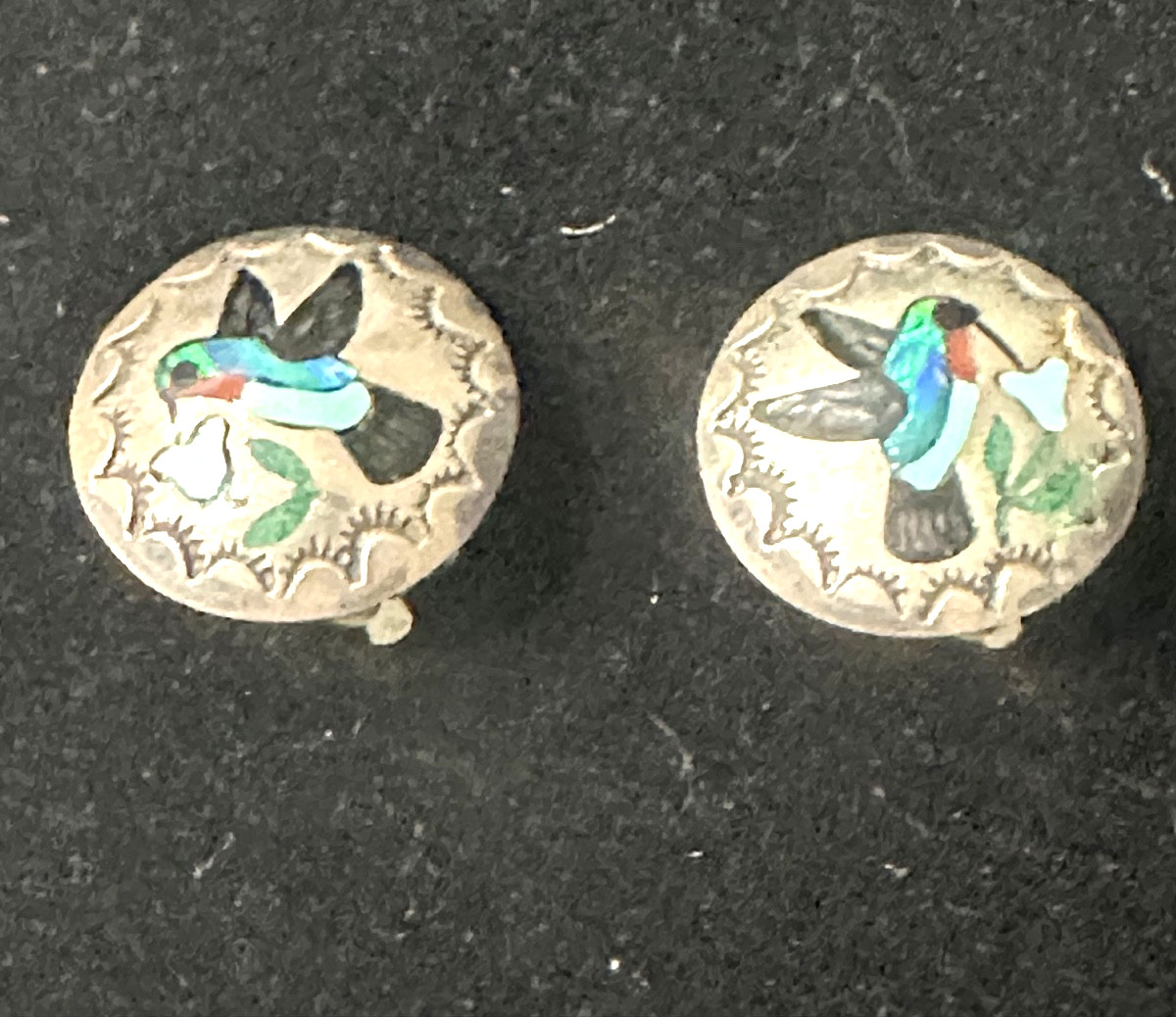 Signed Sterling Silver Hummingbird Inlay Clip Earrings Southwestern