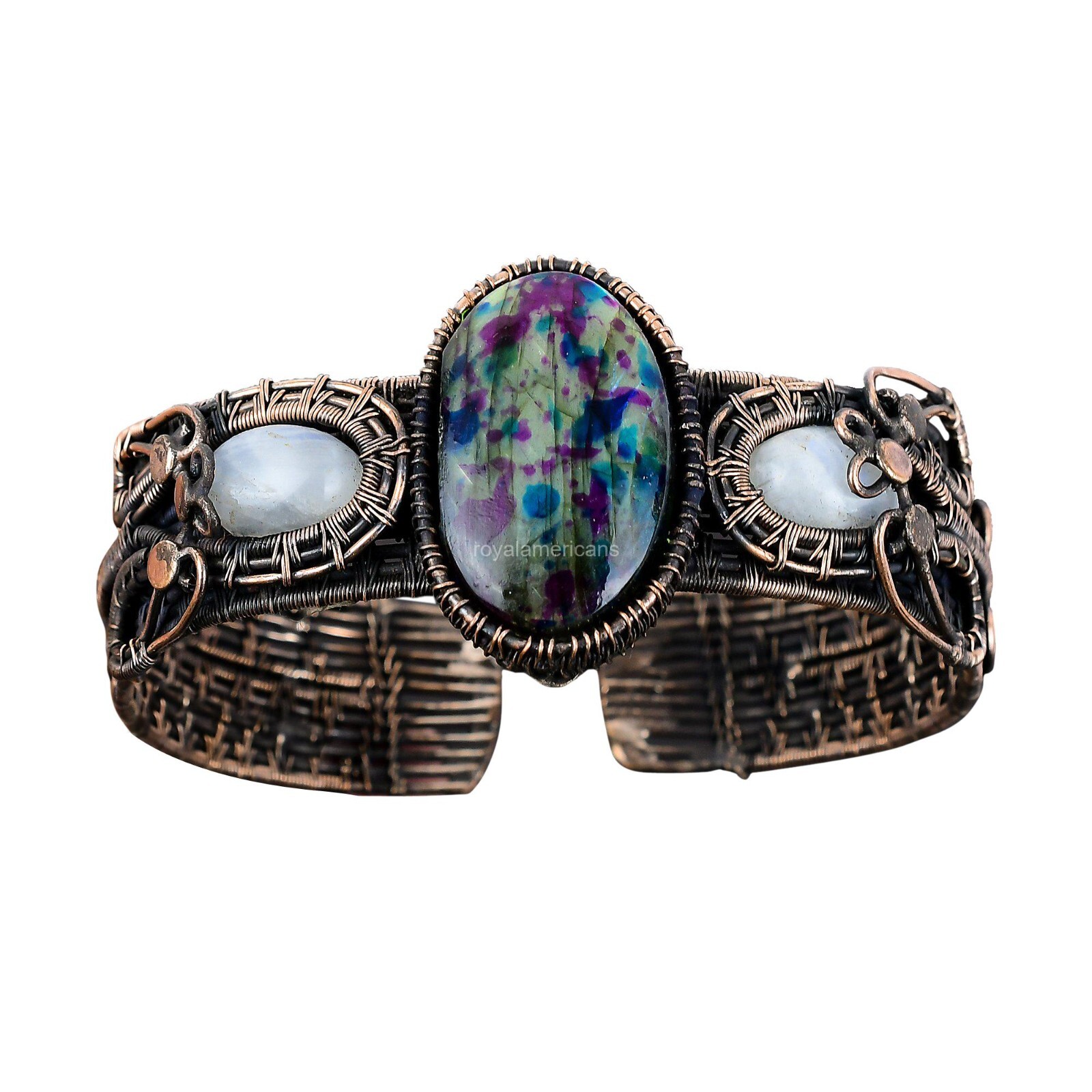 Natural Multi Fire Labradorite Rainbow Moonstone Art Deco Bangle Bracelet Copper