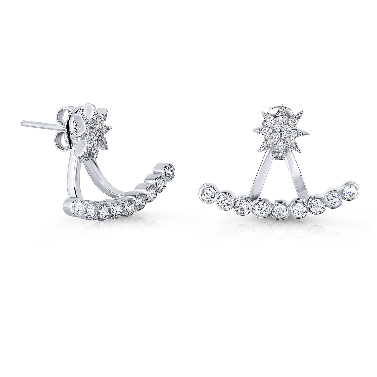 925 Sterling Silver Starburst CZ Ear Jacket Earrings Front-Back 2 in 1 Studs
