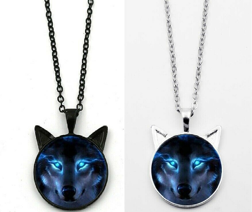 WOLF FACE with Ears 1-1/8″ Metal & Acrylic Dome Pendant 22″ Necklace (#39)