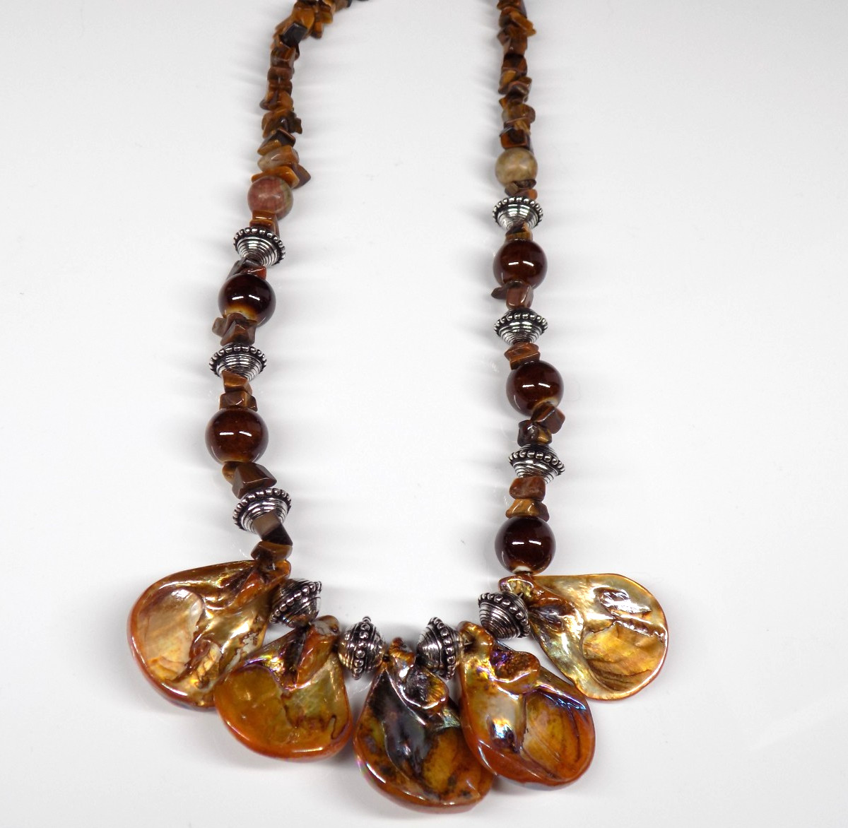 Tiger’s Eye Bib Necklace Brown Iridescent Shell Silver-Tone Lobster Clasp Beads