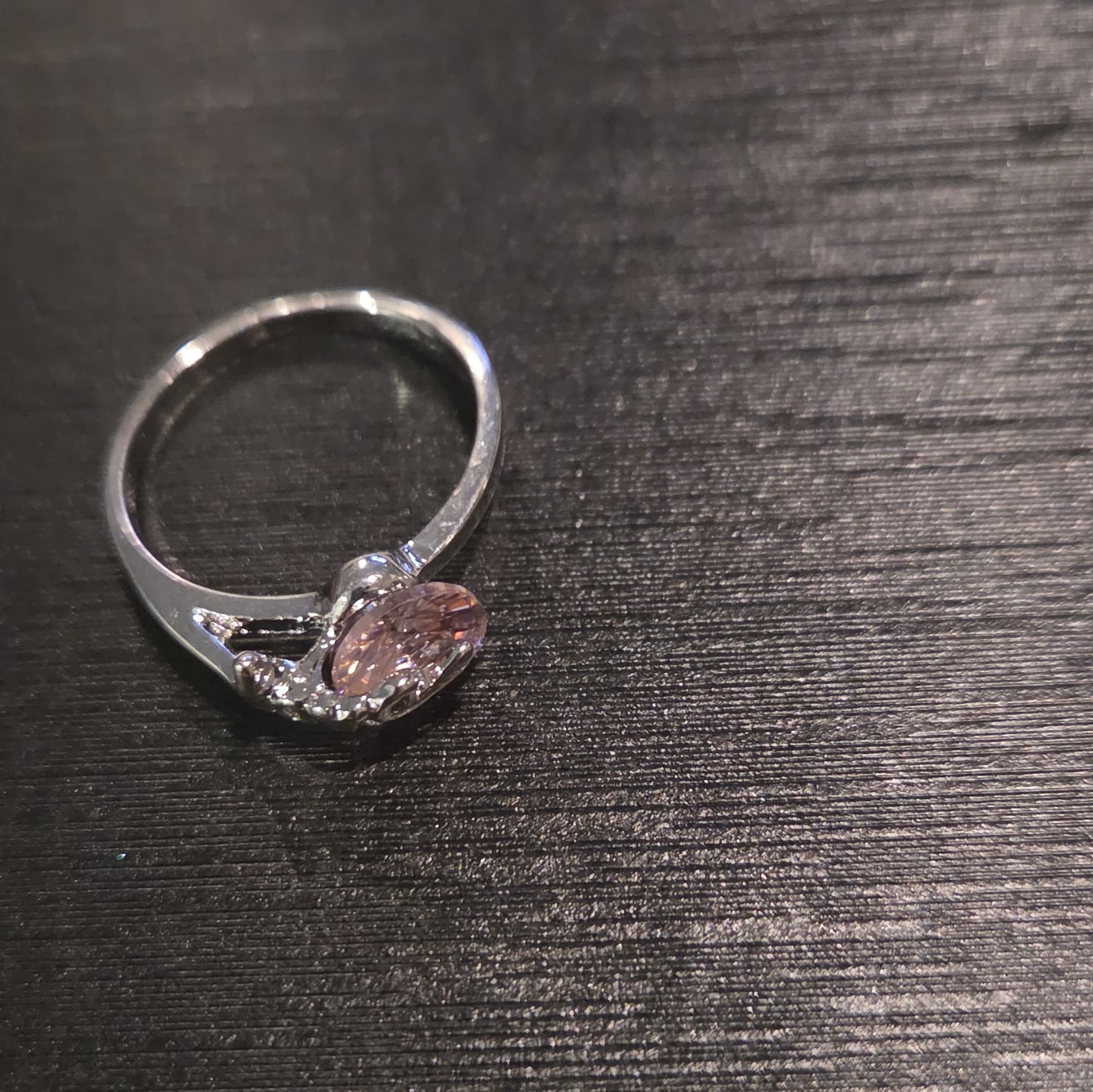Silver 900 Heart Ring Size 8 Pink Crystal Stone w/ Clear Accent Stones