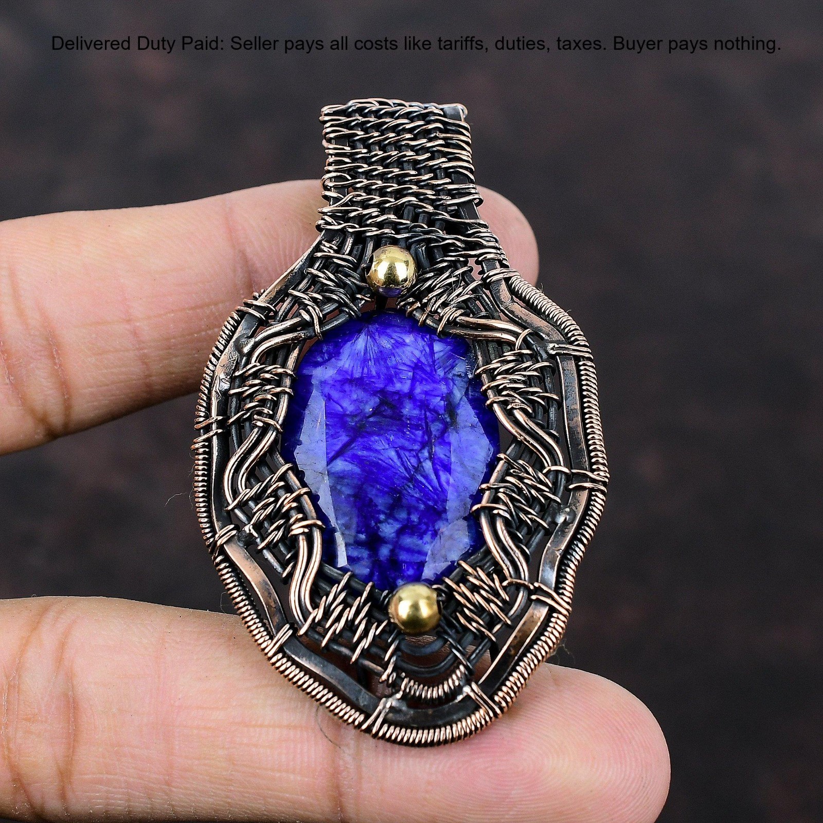 Oval Blue Saphire Gemstone Wedding Wire Wrapped Wife Boho Pendant Jewelry Copper