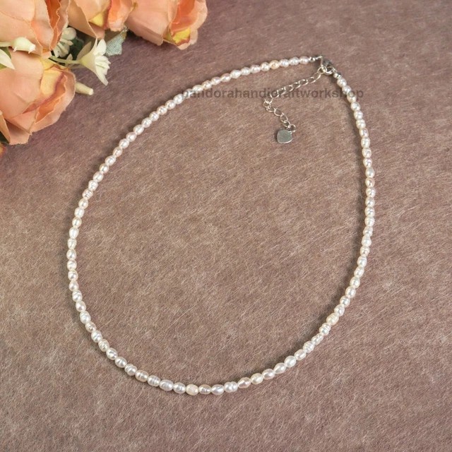 Freshwater Rice Pearl Tiny Beaded Dainty Choker Necklace June Birthstone Gifts