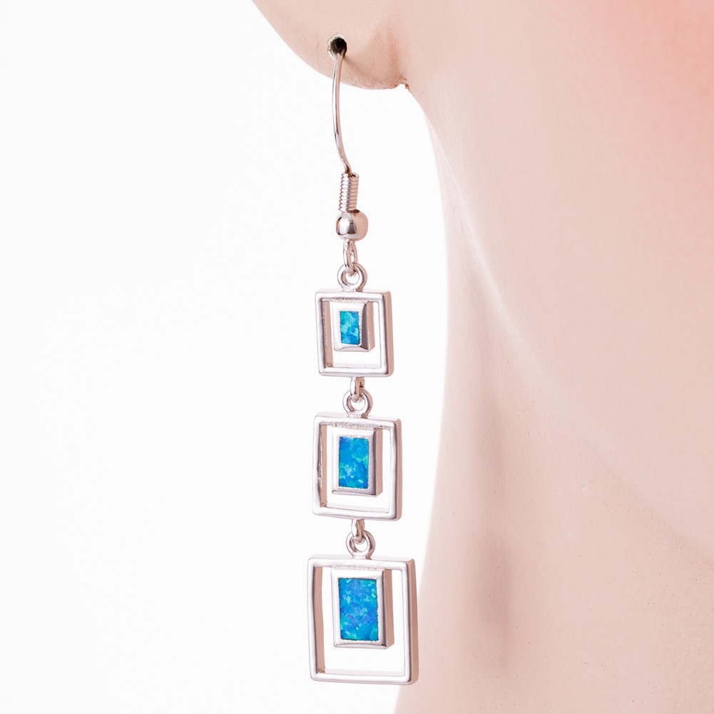 3 Rectangle Shape Ocean Blue Fire Opal Silver Jewelry Dangle Drop Earrings