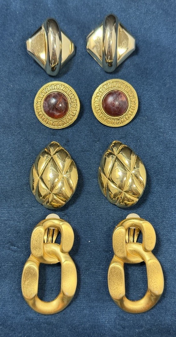 Vintage 80s All Gold Tone Clip On Earrings Lot 4 Pairs Modern Pointed Big Chain