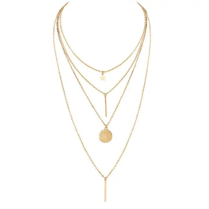 Multi (Four) Layer Long Chain Pendant Choker Necklace Jewelry – Boho Women Gold