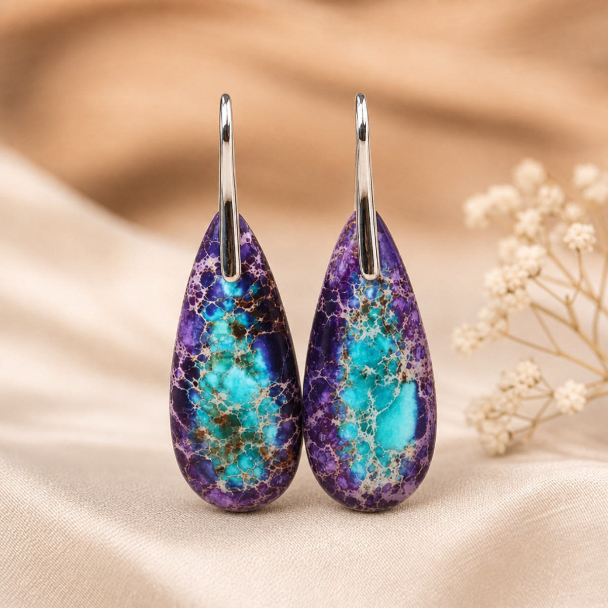 Purple Sea Sediment Jasper Teardrop Dangle Earrings Healing Boho Womens Gift