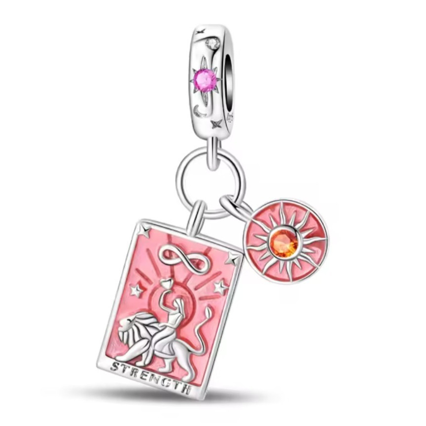 Silver Tone Pink Enamel Strength Tarot Card Dangle Charm .925