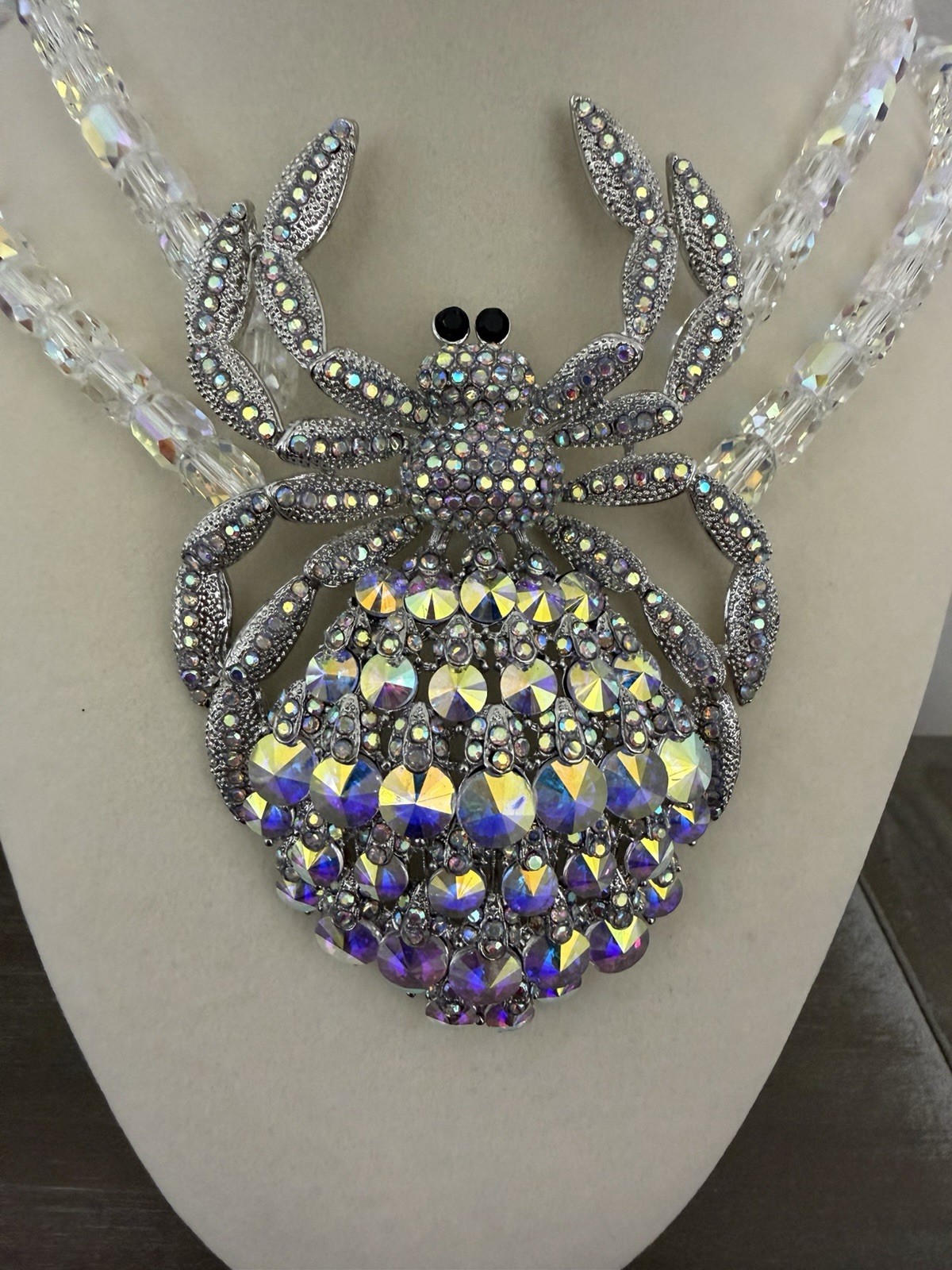 Eye Candy Iridescent Crystal Spider Statement Necklace Double Strand Beaded