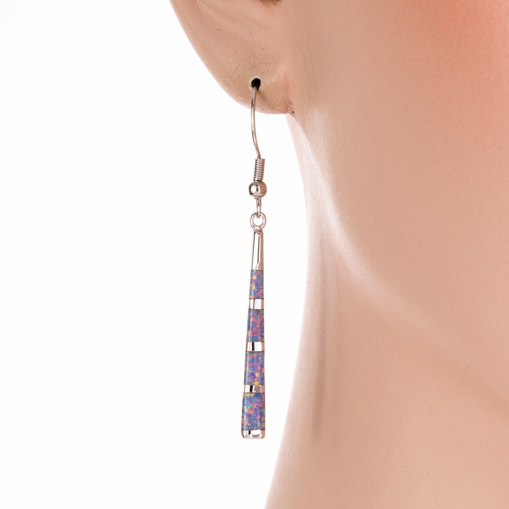 Camber Surface Stick Lavender Purple Fire Opal Silver Dangle Drop Earrings