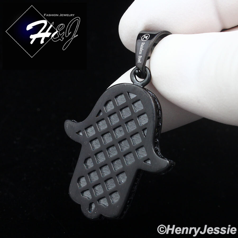 18″-36″MEN Stainless Steel 3mm Black Plated Box Chain CZ Hamsa Hand Pendant*B140