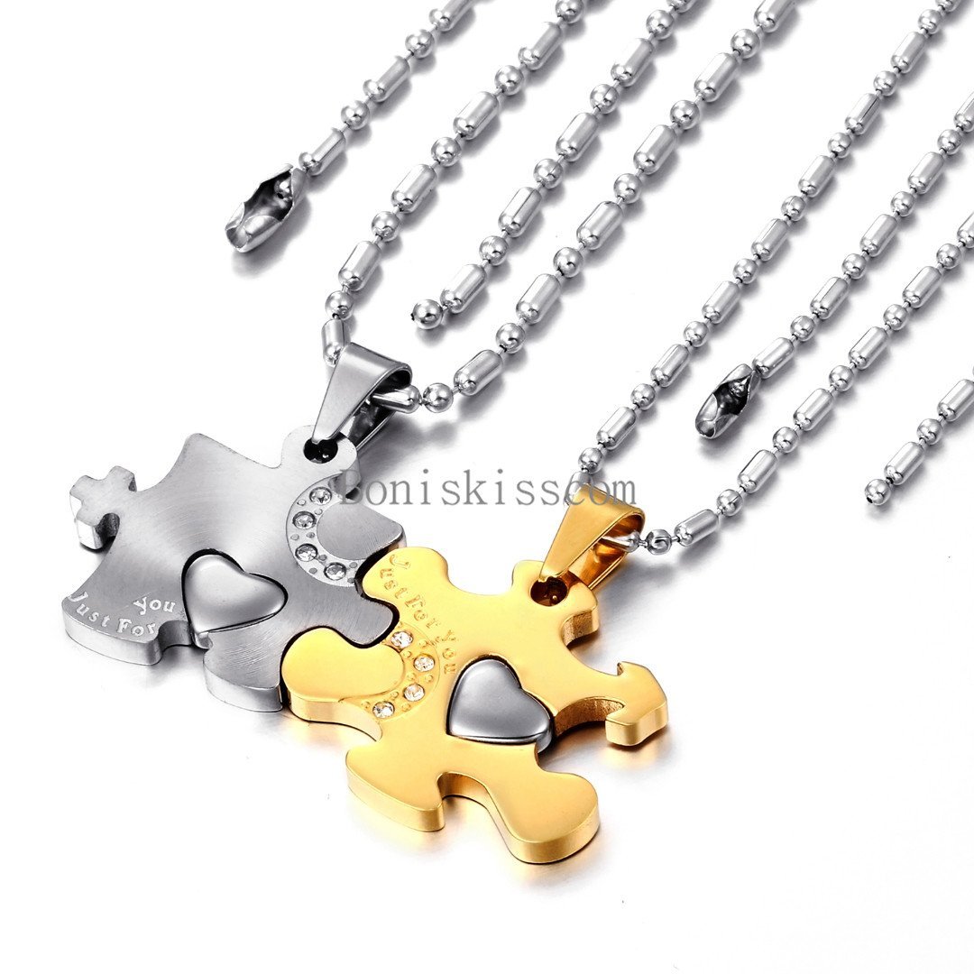 His and Hers Stainless Steel Love Heart Puzzle Pendant Couple Necklaces 1 Pair