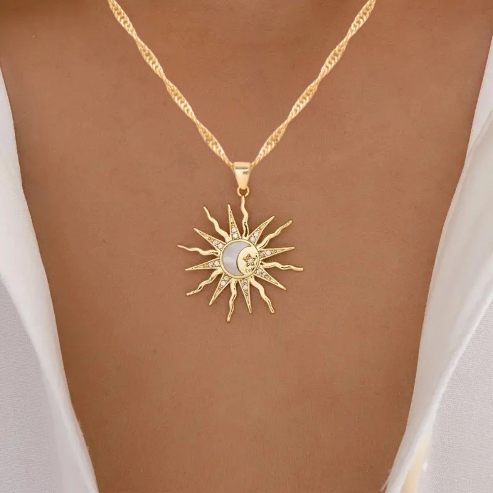 Sun Moon Pendant Necklace Women Gold Color Zircon Star Choker Jewelry