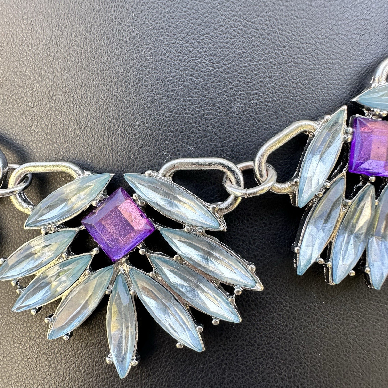 Art Deco Revival Statement Necklace Icy Blue Purple Rhinestone Bib Ice Queen