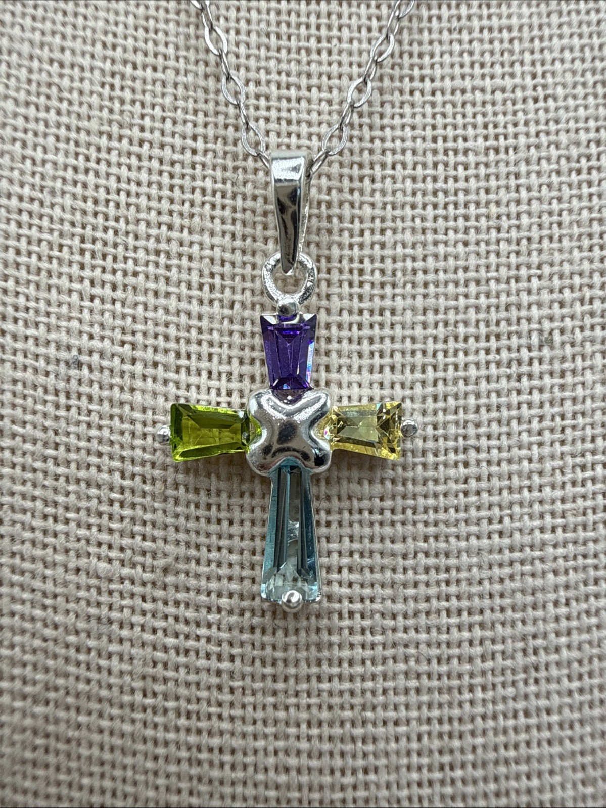 Multi Gemstone Sterling Silver Christian Cross Necklace Signed FAS